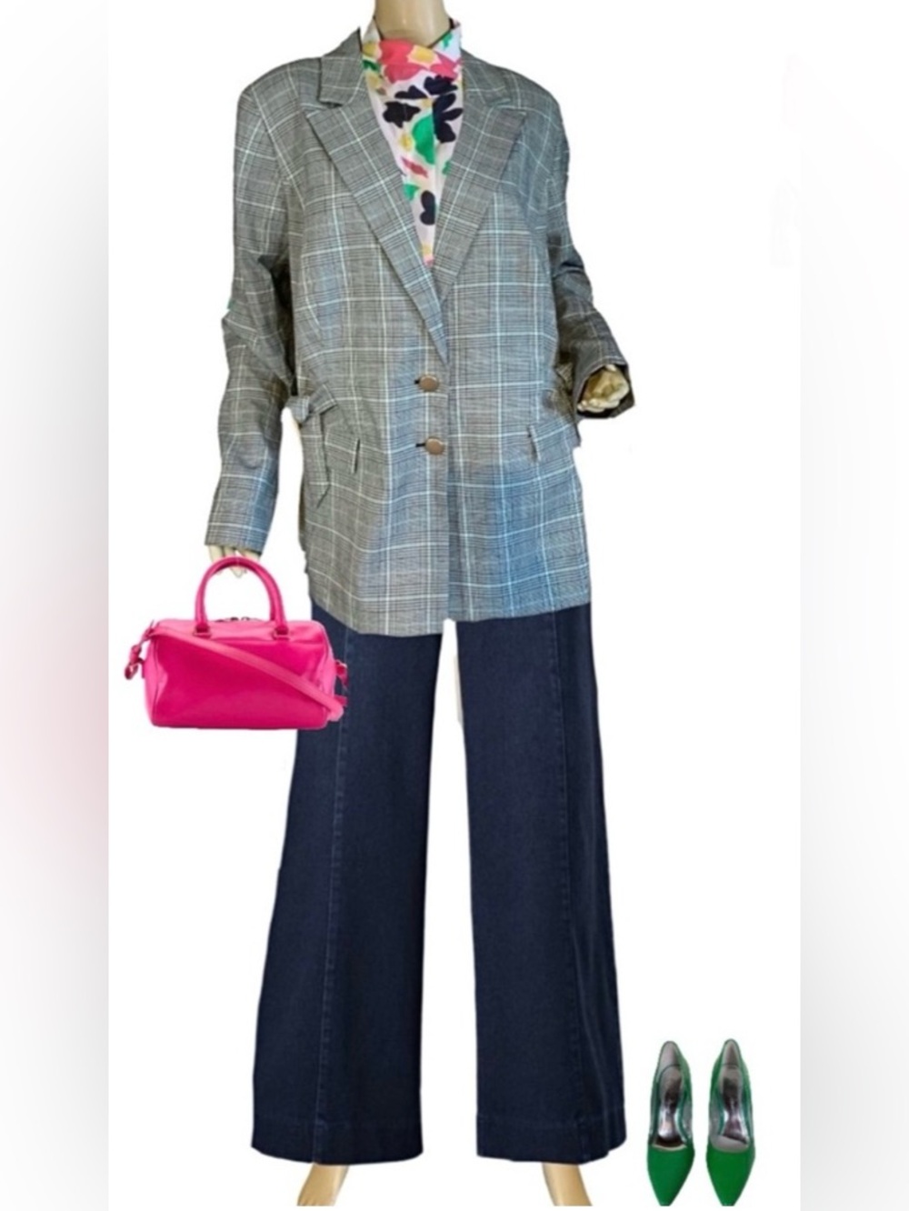 ELOQUII BLUE, GREEN & WHITE HOUNDSTOOTH PRINT ADJUSTABLE SIDES BLAZER (18)